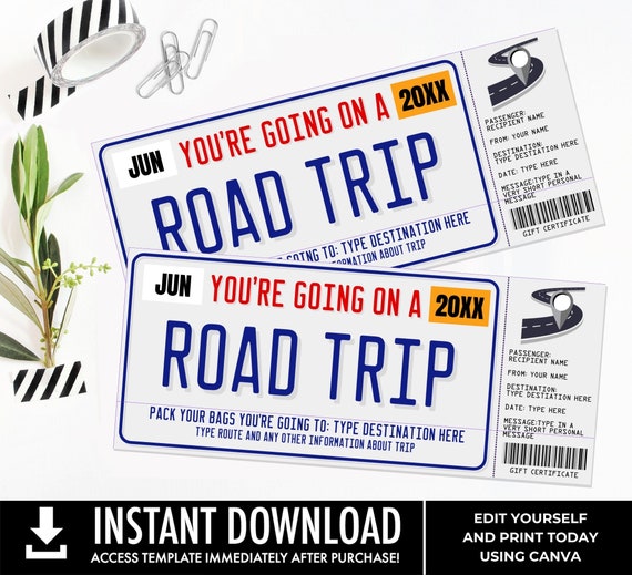 Road Trip Surprise Ticket Gift Voucher, License Plate Voucher, Vacation, Weekend Getaway | You Personalize with CANVA - INSTANT DOWNLOAD