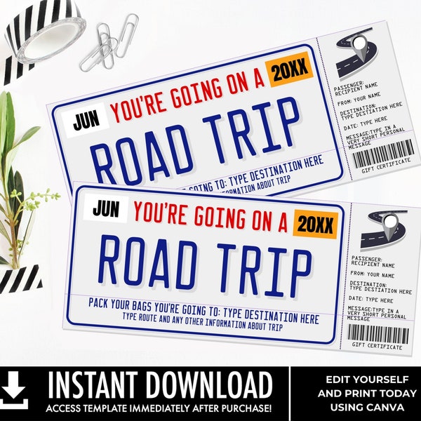 Road Trip Surprise Ticket Gift Voucher, License Plate Voucher, Vacation, Weekend Getaway | You Personalize with CANVA - INSTANT DOWNLOAD