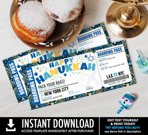 Hanukkah Boarding Pass Ticket - Surprise Trip Reveal, Flight, Holiday Fake Plane Ticket | Self-Edit with CORJL - INSTANT DOWNLOAD Printable