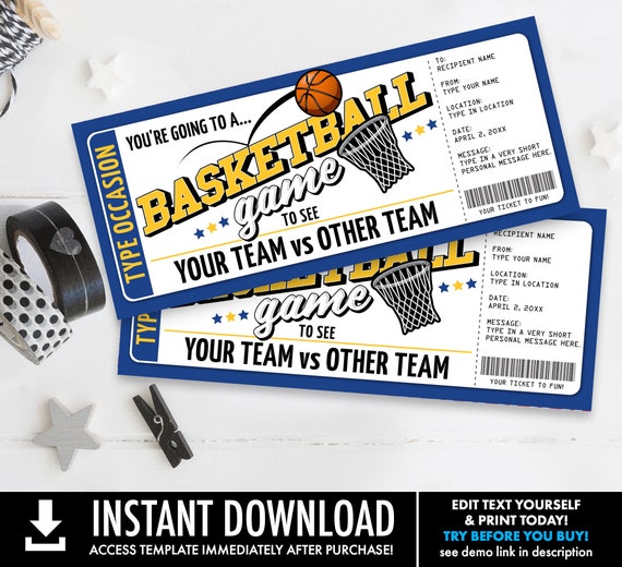 Basketball Ticket Gift Editable Template - Surprise Basketball Game Ticket, Any Occasion | Self-Edit with CORJL - INSTANT DOWNLOAD Printable