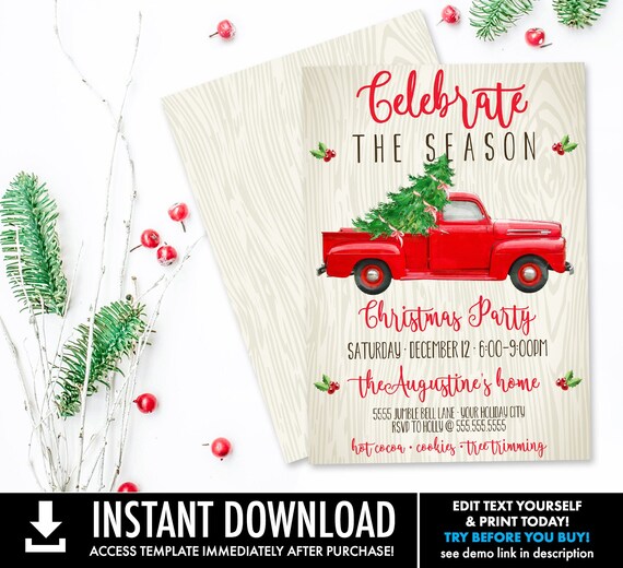 Christmas Truck Invitation - Tree Trimming Party, Holiday Open House, Christmas Party | Self-Edit with CORJL - INSTANT DOWNLOAD Printable