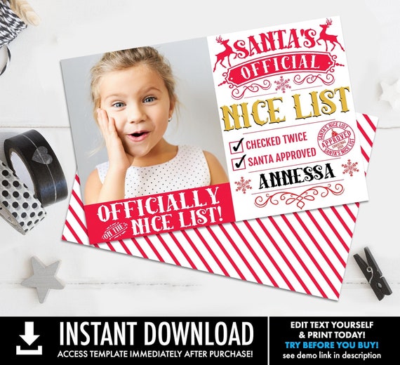 Santa's Nice List - Elf Report, Photo Cards, Santa's Official Nice List, Christmas Party | Self-Edit with CORJL - INSTANT Download Printable