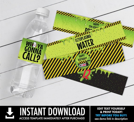 Slime Party Water Bottle Wraps - ghost-movie inspired Labels, 5 Different Labels | Self-Edit with CORJL - INSTANT Download Printable