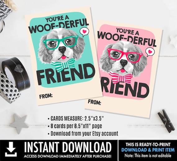 Printable Dog Valentine's Day Cards, You're a Woof-derful Friend, Kids School Classroom, Dog Valentine Gift Tag, Exchange Valentine Cards
