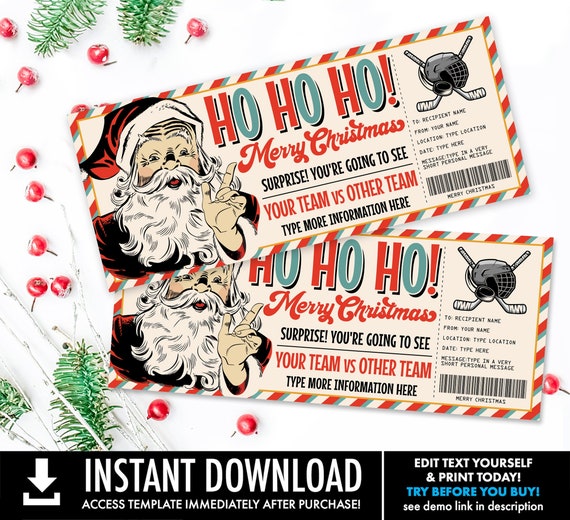 Hockey Ticket Christmas Gift - Surprise Game Ticket, Gift Certificate, Gift Voucher | Self-Edit with CORJL - INSTANT DOWNLOAD Printable