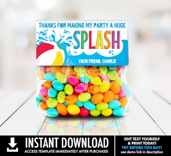 Pool Party Treat Bag Topper - Party Favors, Favor Bag, Thank You,Splish Splash  | Self-Edit with CORJL - INSTANT DOWNLOAD Printable Template