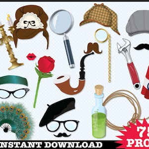 Detektiv - Murder Mystery Photo Booth Requisiten - Clue Birthday Party, Who Done It Party - Instant Download PDF - 75 DIY Printable Requisiten