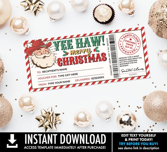 Santa Gift Voucher-Western Santa Gift Certificate, Yee Haw Western Santa Any Gift | You Personalize using CORJL-INSTANT Download Printable