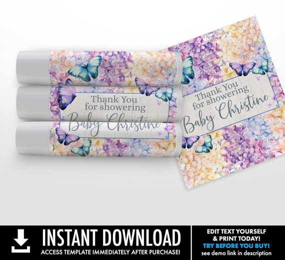 Butterfly Baby Shower Lip Balm Label - DIY Lip Balm Label, flower, garden | Self-Edit with CORJL - INSTANT Download Printable Template