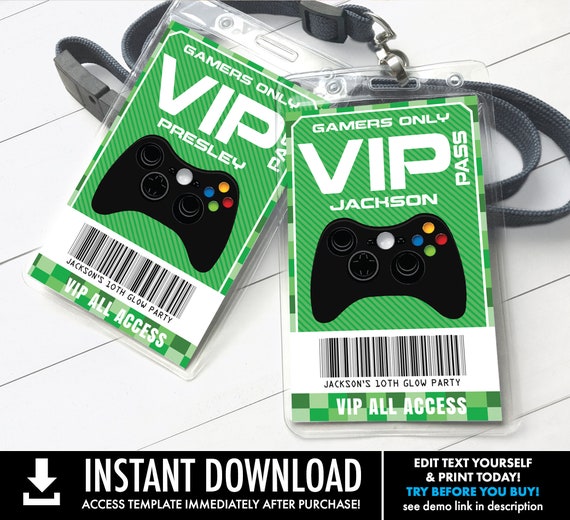 Video Game Badges - VIP Video Game I.D. Badges, Video Game Birthday, ruck Party | Self-Edit with CORJL - INSTANT Download Printable Template