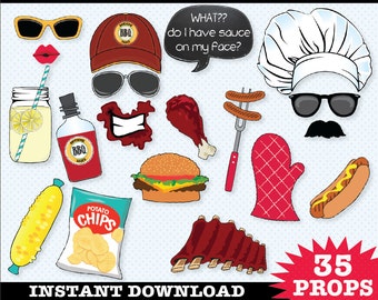 May include: A set of 35 printable BBQ party photo booth props. The props include a variety of food items, such as corn on the cob, potato chips, a hamburger, ribs, hot dogs, and a chicken leg. There are also props like sunglasses, a chef's hat, a mustache, and a speech bubble that says "WHAT?? do I have sauce on my face?"