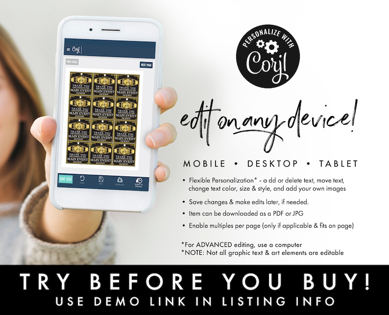 Pode incluir: O ecr&atilde; de um telem&oacute;vel mostra um modelo digital para uma etiqueta de agradecimento com o texto "Thank You Main Event". O telem&oacute;vel est&aacute; a ser segurado pela m&atilde;o de uma pessoa. O texto "Personalize with Coryl" e "edit on any device!" &eacute; apresentado no ecr&atilde;. O texto "MOBILE - DESKTOP - TABLET" &eacute; apresentado no ecr&atilde;. O texto "TRY BEFORE YOU BUY! USE DEMO LINK IN LISTING INFO" &eacute; apresentado no ecr&atilde;.