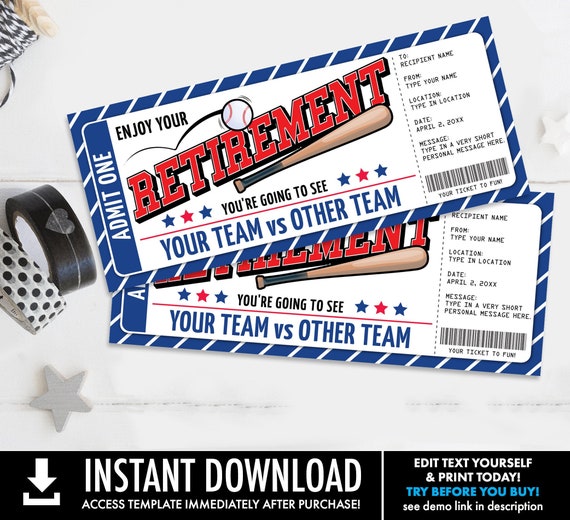 Retirement Baseball Ticket Gift Editable Template - Surprise Baseball Ticket | Self-Edit with CORJL - INSTANT DOWNLOAD Printable