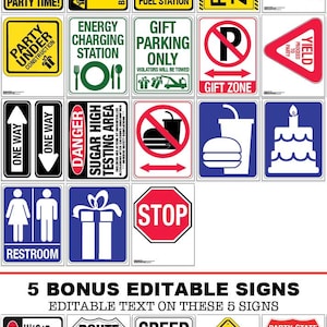 Puede incluir: Un conjunto de 15 carteles de fiesta imprimibles con varios temas, que incluyen "Zona de fiesta", "Gasolinera", "Solo estacionamiento de regalos", "Peligro Zona de prueba de az&uacute;car alta", "Ba&ntilde;o" y "Alto". Cinco carteles adicionales son editables con cuadros de texto para personalizar.