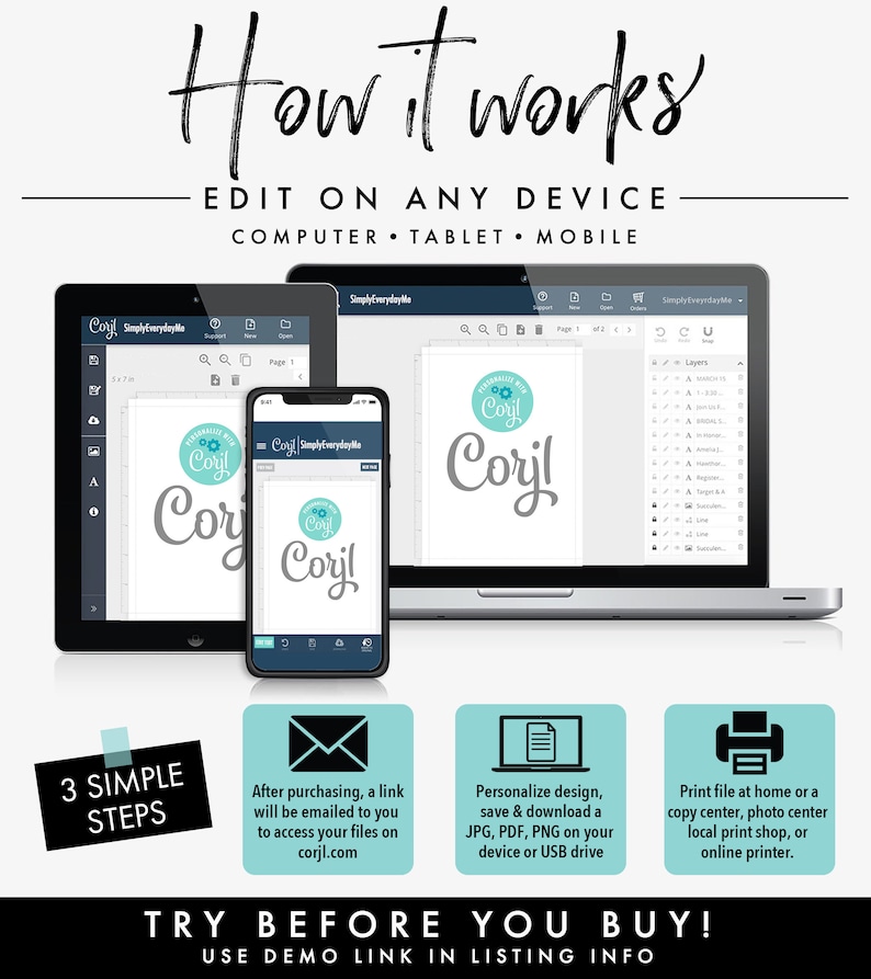 May include: A graphic showing how to use a digital design template. The template is shown on a computer, tablet, and phone. The template is customisable and can be printed at home or at a print shop.