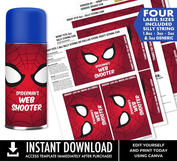 Spider Web Shooter Labels, 4 Sizes Silly Spray String Labels,Superhero Birthday,Game Activity | Edit with CANVA INSTANT DOWNLOAD Printable