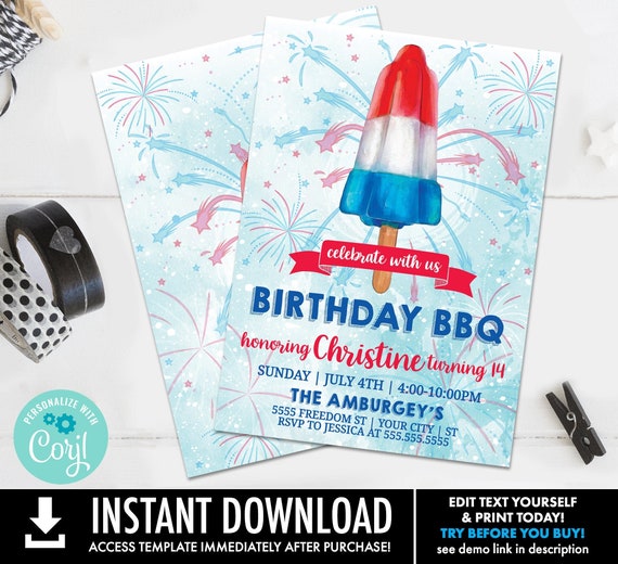 4th of July Rocket Popsicle Printable Invitation - Popsicle Invitation, Ice Lolly Invite | Editable Text INSTANT Download PDF Printable