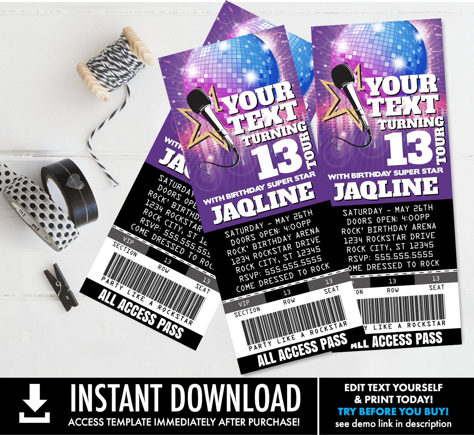 Rockstar Party Ticket Invitations Add YOUR Text-party Like a Rockstar