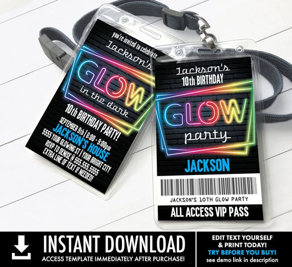 Neon Glow Invitation Party Badge, Neon Glow VIP Badge, Glow Party Invite | Self-Edit with CORJL - INSTANT Download Printable Template Il_570xn