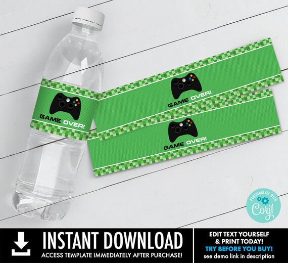 Video Game Controller Water Bottle Label/Wrap, Gamer Drink Favor, Gamer Truck Birthday Party | Edit with CORJL - INSTANT Download Printable