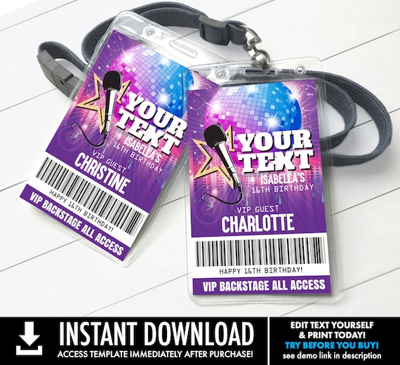 Rockstar Your Text Vip Badge Party Like A Rock Star Rock N Roll Backstage Pass Self Edit With Corjl Instant Download Printable Template By Simplyeverydayme Catch My Party