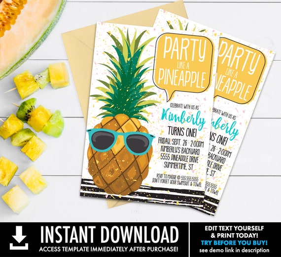 Pineapple Party Invitation - Party Like a Pineapple, Hawaiian Luau, Birthday | Self-Edit with CORJL - INSTANT DOWNLOAD Printable Template Il_570xn