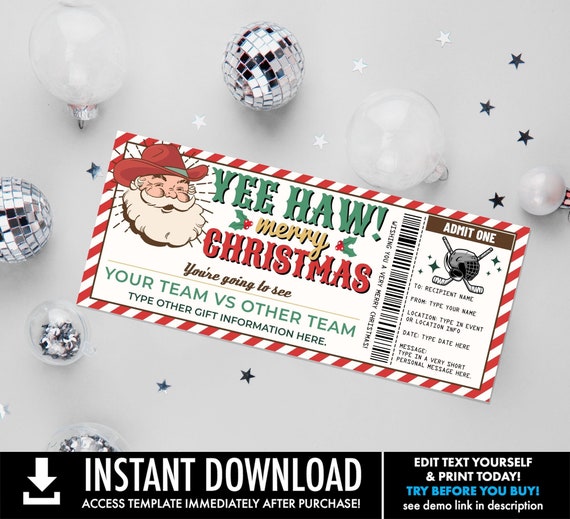 Hockey Ticket Voucher Christmas Gift - Surprise Game Ticket,Gift Voucher Certificate | Personalize with CORJL - INSTANT DOWNLOAD Printable