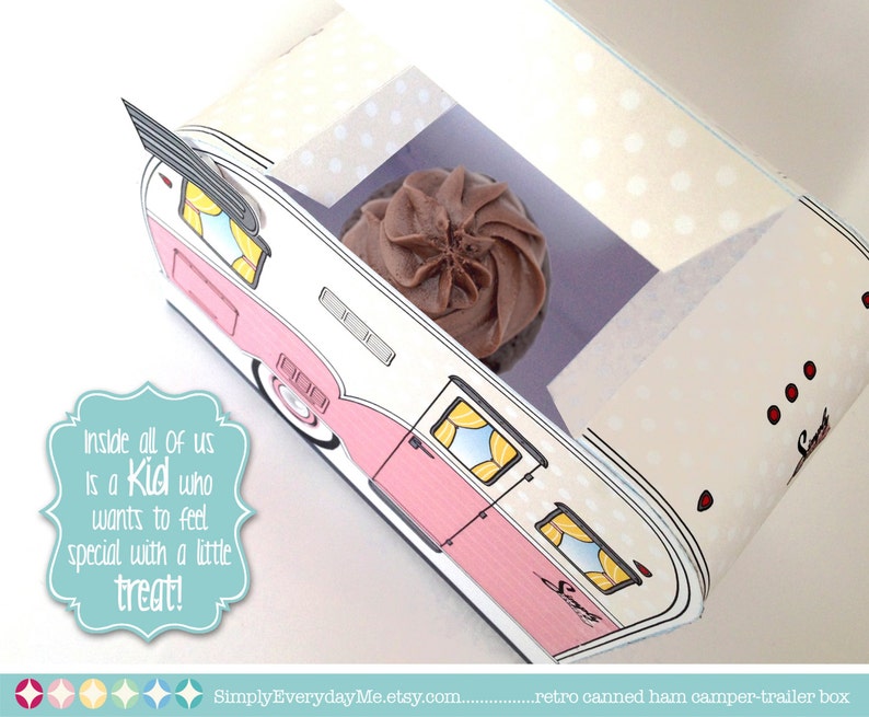 1950s RV Camper Trailer box, Caravan Box, cupcake box, gift card box, YELLOW Camper Favor Box Instant Download D.I.Y. Printable PDF image 2