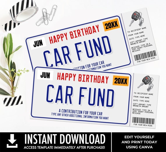 Car Fund Surprise Gift Voucher,License Plate Voucher,Gift Reveal,Gift Certificate | You Personalize with CANVA - INSTANT DOWNLOAD Printable