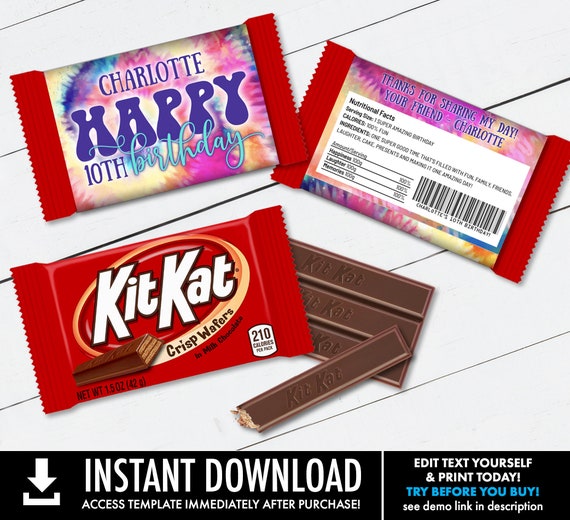 Tie Dye Candy Wrap/Label, Kit Kat Candy Bar Label/Wrap, Hippie Party | Self-Edit with CORJL - INSTANT DOWNLOAD Printable Il_570xn
