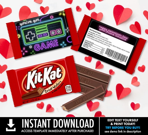 Valentine You've Got Game Neon NES Controller Kit Kat Candy Wrap/Label, Video Gamer | Self-Edit with CORJL - INSTANT Download Printable