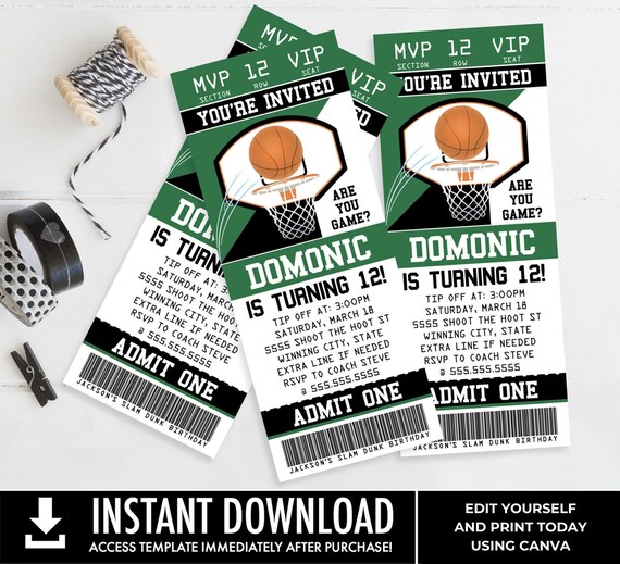 Basketball Ticket Invitation, Basketball Birthday Party, Ticket Invite | You Personalize using CANVA - INSTANT Download Printable