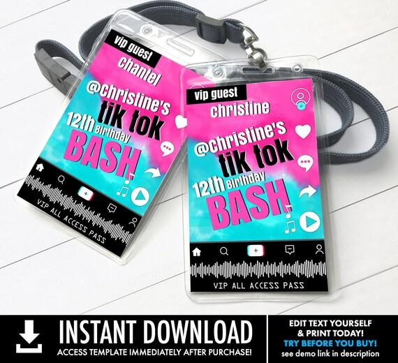 Social Media Party VIP Badge - Video Party, Dance Party, All Access Pass | Self-Edit with CORJL - INSTANT Download Printable Template Il_570xn