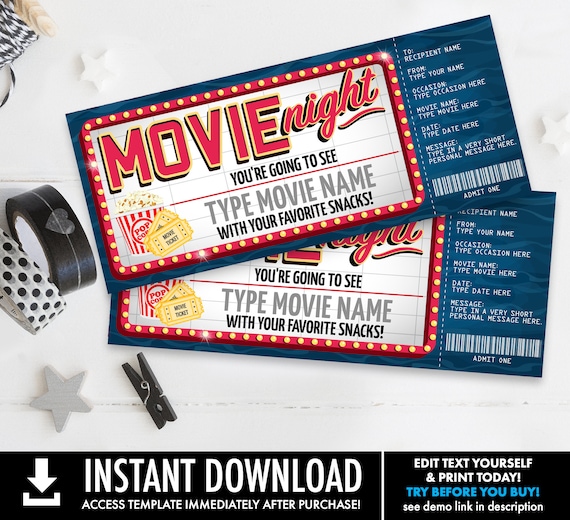 Movie Night Ticket Gift Certificate, Movie Ticket, Movie Marquee Surprise Ticket | Self-Edit with CORJL - INSTANT DOWNLOAD Printable