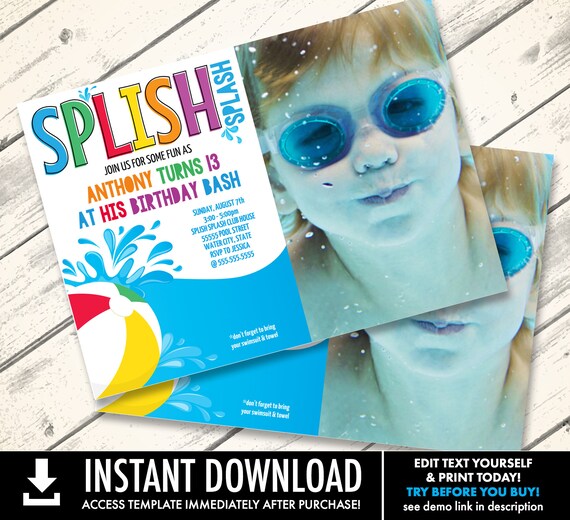 Pool Party Photo Invitation Beachparty Summer Birthday Water