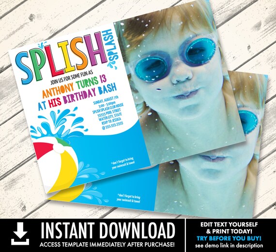 Pool Party Photo Invitation-Beach Party,Summer Birthday,Water Party,Slip N' Slide | Self-Edit with CORJL INSTANT DOWNLOAD Printable Template