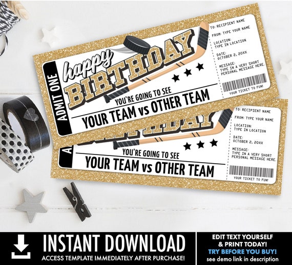 Hockey Ticket Voucher Birthday Gift - Surprise Game Ticket, Gift Voucher, Happy Birthday | Self-Edit with CORJL - INSTANT DOWNLOAD Printable