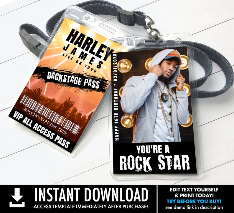 May include: A printable birthday party invitation featuring a black and white photo of a young man wearing a hooded sweatshirt and a gold chain. The text "You're a Rock Star" is printed in white on a black background. The invitation also includes a barcode and the text "Happy 16th Birthday 03/01/20XX".