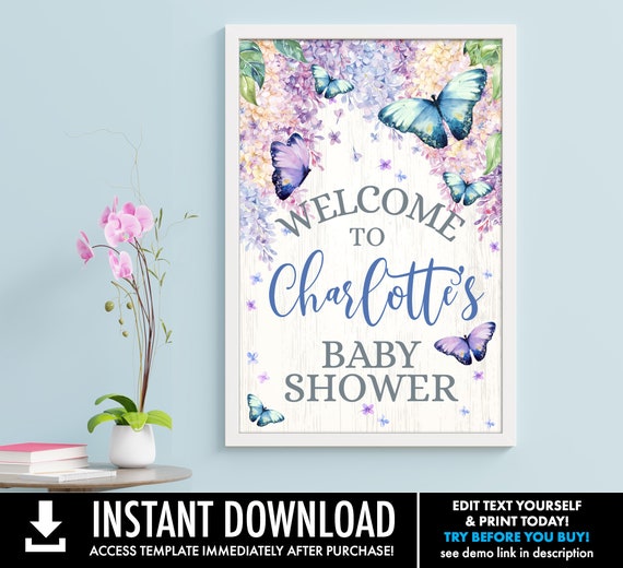 Butterfly 24x36 Baby Shower Welcome Sign/Poster - Butterflies & Flowers, Spring Garden | Self-Edit with CORJL - INSTANT DOWNLOAD Printable