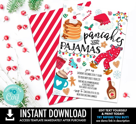 Pancakes and Pajamas Invitation - Christmas Breakfast Party, Breakfast with Santa | Self-Editing with CORJL - INSTANT DOWNLOAD Printable
