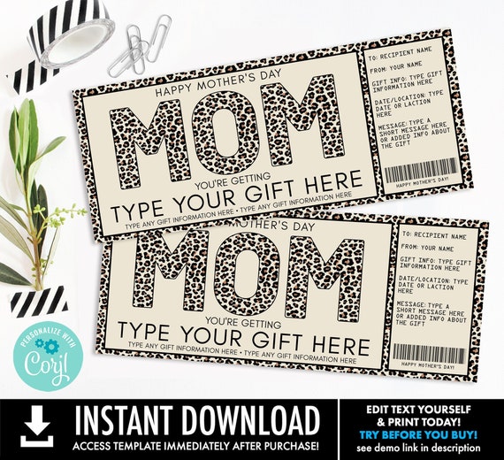 Leopard Mother's Day Gift Certificate, Type Any Gift, Surprise Gift, Concert, Boarding Pass | Personalize using CORJL-INSTANT DOWNLOAD