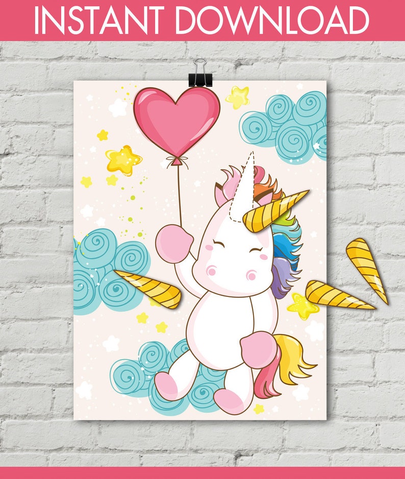 Unicorn Party Pin the Horn Unicorn Game 24x36 Magical Unicorn Party, Birthday Party, Rainbow INSTANT Download PDF Printable Game image 1