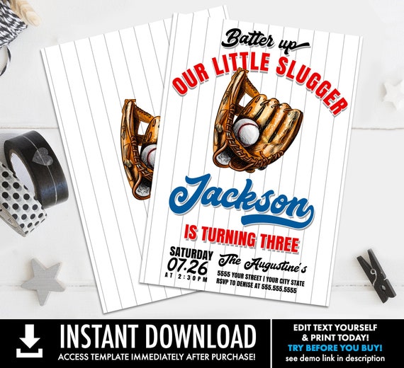 Baseball Party Invitation - Little Slugger, Batter Up, Softball Invite, Swing On Over | Self-Edit with CORJL - INSTANT DOWNLOAD Printable Il_570xn