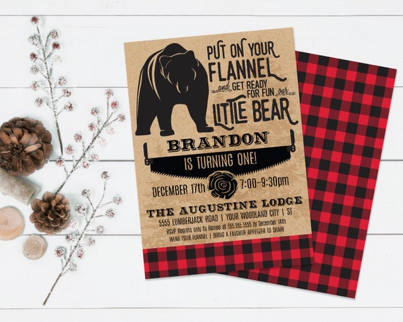 Little Bear Birthday Invitation, Forest Friends, Woodland, Lumberjack Bear 5"x7" | Self-Edit Text Instant Download Printable Template Il_570xn