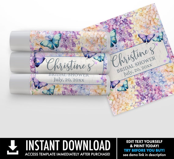 Butterfly Bridal Shower Lip Balm Label - DIY Lip Balm Label, flower, garden | Self-Edit with CORJL - INSTANT Download Printable Template