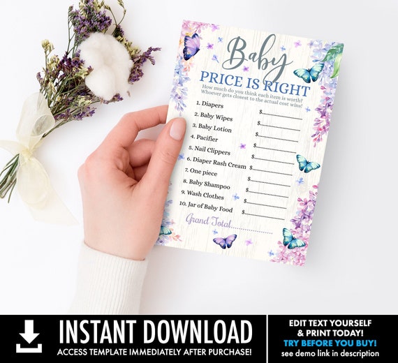 Baby Price Is Right Game - Butterfly Baby Shower Game, Flower & Butterflies | Self-Edit with CORJL - INSTANT DOWNLOAD Printable Il_570xn