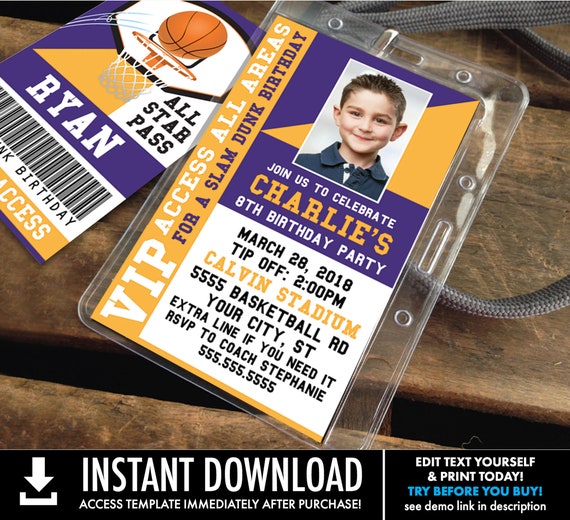 Basketball VIP ID Badge Invitation - Basketball Invite Badge, All Star Badge | Self-Edit with CORJL - Instant Download Printable Template Il_570xn