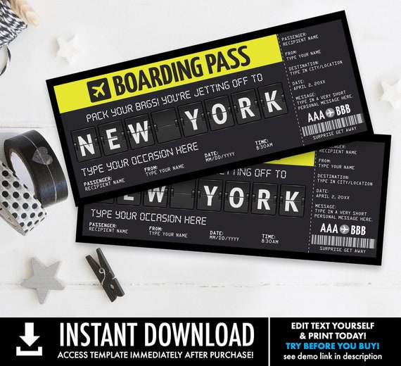 New York Boarding Pass Editable Printable Template - Surprise Fake Plane Ticket, Fake Ticket | Edit with CORJL - INSTANT DOWNLOAD Printable