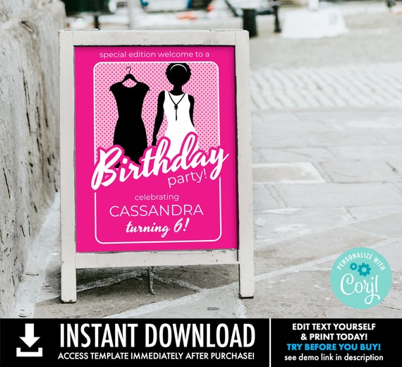 Barb Doll Theme Birthday Hot Pink Welcome Sign, 16x20 Party Sign, Dollie Birthday Party | Personalize using CORJL–INSTANT DOWNLOAD Printable