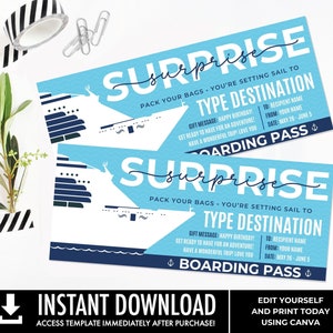 Bon-cadeau pour une croisière surprise, chèque-cadeau pour une croisière, carte d'embarquement, bon pour un billet de croisière pour anniversaire | Éditez avec CANVA - TÉLÉCHARGEMENT IMMÉDIAT